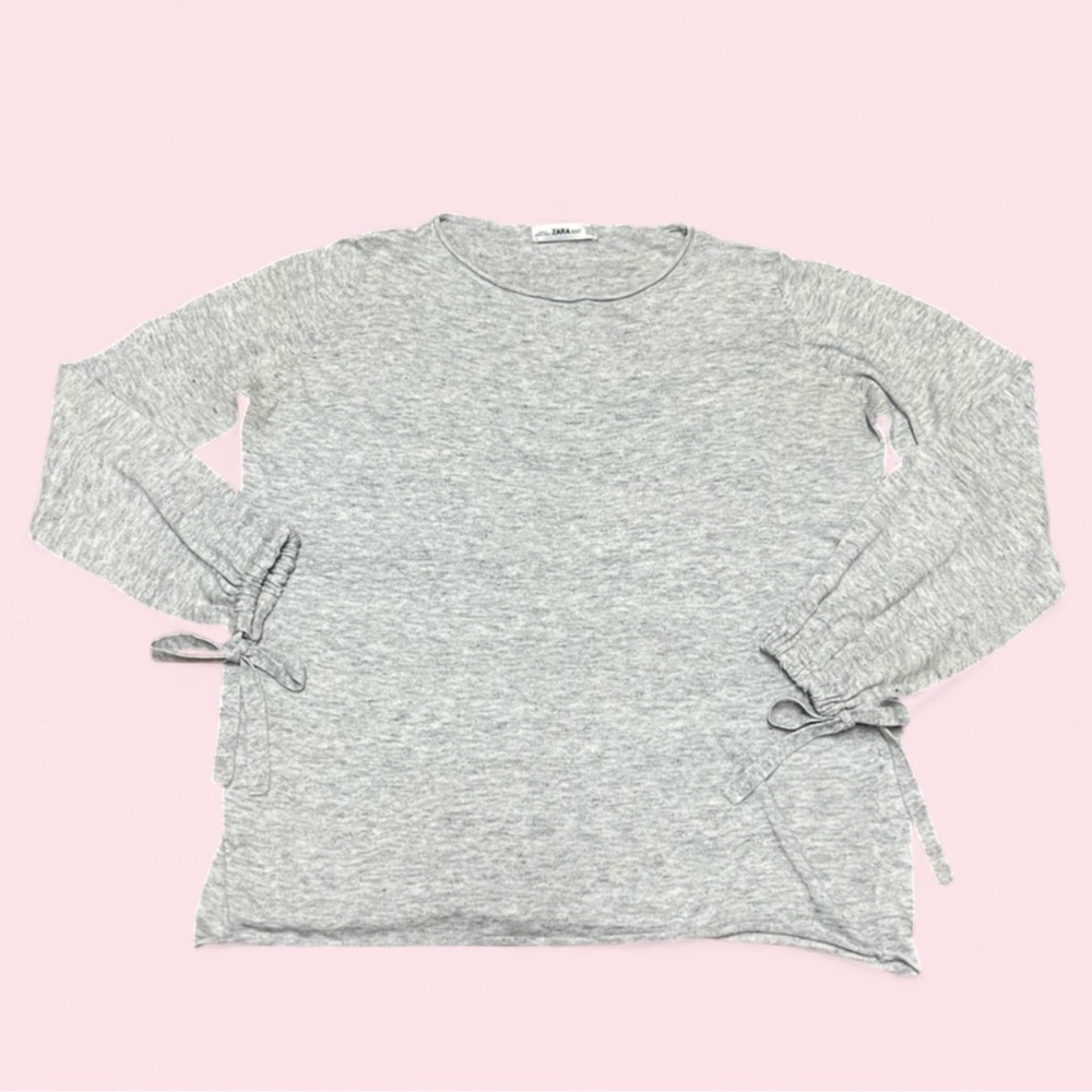 Zara Knit Boat Neck Tunic Sweater Heather Gray Bow Tie Balloon Sleeves | M | GUC